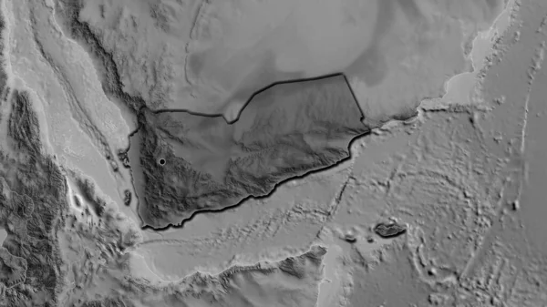 イエメンの国境地帯のクローズアップは グレースケールの地図上の暗いオーバーレイで強調しています 資本ポイント 国の形の縁が隠されている — ストック写真