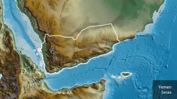 救援地図上のイエメン国境地域の閉鎖 資本ポイント 国の形の周りに光る 英名国とその首都 — ストック写真