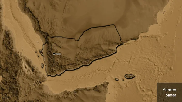 Primer Plano Zona Fronteriza Yemen Mapa Elevación Sepia Punto Capital — Foto de Stock