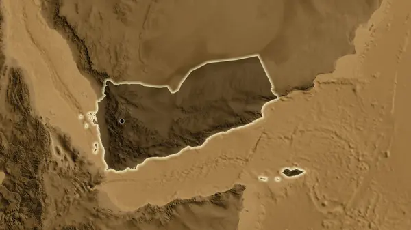 Närbild Jemens Gränsområde Med Ett Mörkt Överdrag Karta Över Sepiahöjder — Stockfoto