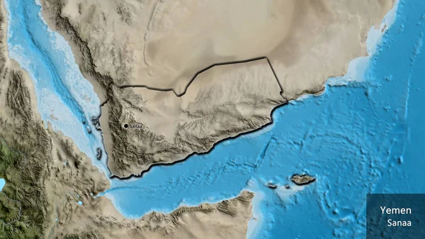 衛星地図上のイエメン国境地帯の閉鎖 資本ポイント 国の形の縁が隠されています 英名国とその首都 — ストック写真