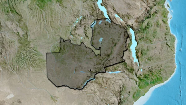 赞比亚边境地区的特写镜头 用卫星地图上的黑暗阴影突出显示 资本点 国家形状的斜边 — 图库照片