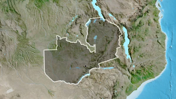 Zbliżenie Strefy Przygranicznej Zambii Ciemną Pokrywą Mapie Satelitarnej Główny Punkt — Zdjęcie stockowe