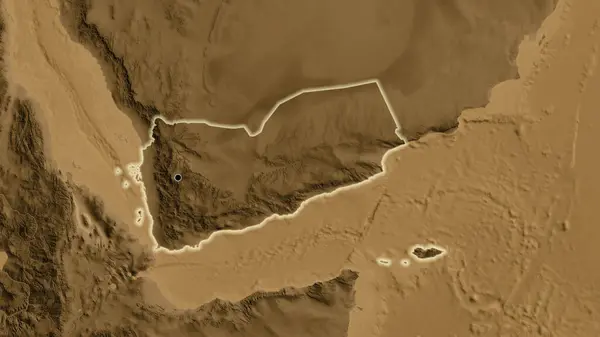 Närbild Gränsområdet Till Jemen Karta Över Sepiahöjder Huvudpunkt Glow Runt — Stockfoto