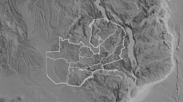 Zbliżenie Zambii Jej Granic Regionalnych Mapie Skali Szarości Główny Punkt — Zdjęcie stockowe