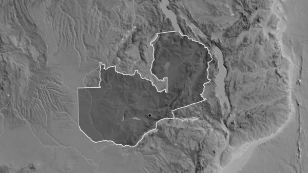 Close Zambia Border Area Highlighting Dark Overlay Grayscale Map Capital — Stock Photo, Image