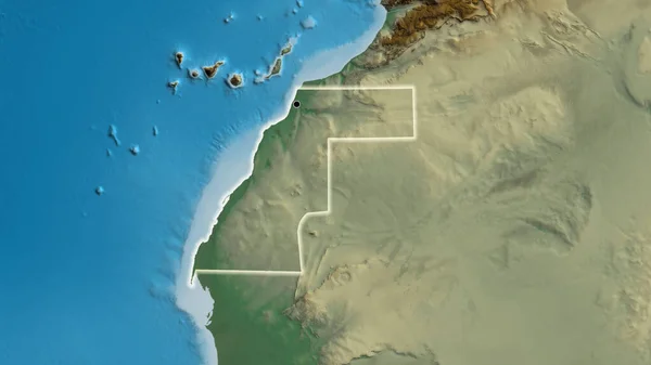 Close-up of the Western Sahara border area on a relief map. Capital point. Glow around the country shape.