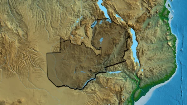 物理的な地図上の暗いオーバーレイで強調ザンビア国境地域のクローズアップ 資本ポイント 国の形の縁が隠されている — ストック写真