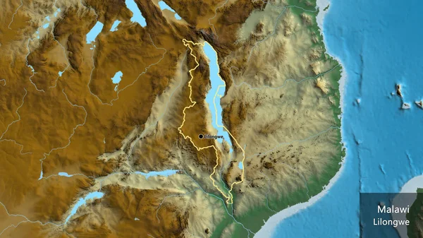 Close Área Fronteira Malawi Mapa Alívio Ponto Capital Esboço Torno — Fotografia de Stock