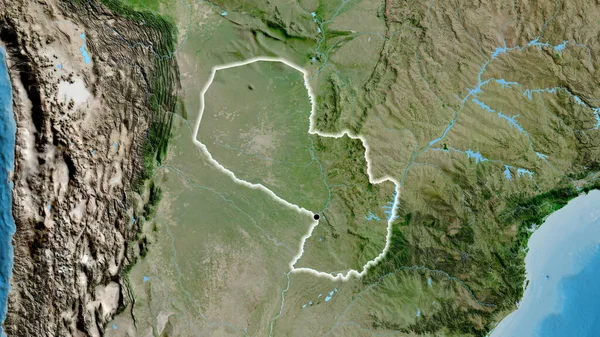 Крупный План Пограничной Зоны Парагвая Спутниковой Карте Отличный Момент Светится — стоковое фото