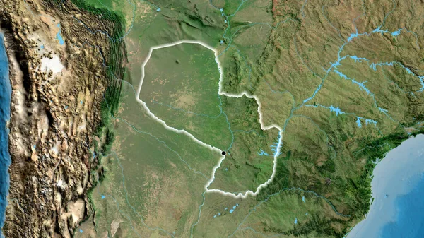 Крупный План Пограничной Зоны Парагвая Спутниковой Карте Отличный Момент Светится — стоковое фото