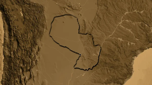 Κοντινό Πλάνο Της Παραμεθόριας Περιοχής Της Παραγουάης Υψομετρικό Χάρτη Σέπια — Φωτογραφία Αρχείου