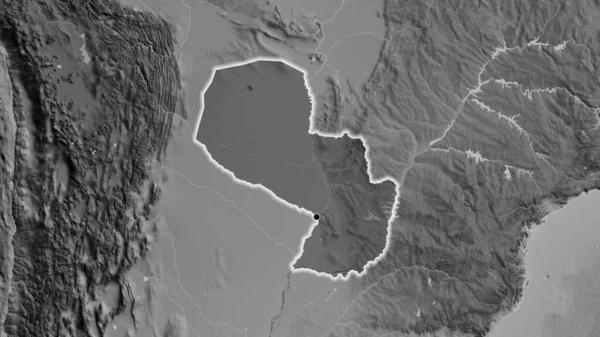 グレースケールの地図上に暗いオーバーレイで強調パラグアイ国境地域のクローズアップ 資本ポイント 全国に光る — ストック写真