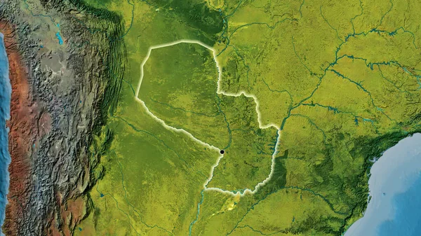 Närbild Gränsområdet Till Paraguay Topografisk Karta Huvudpunkt Glow Runt Landet — Stockfoto
