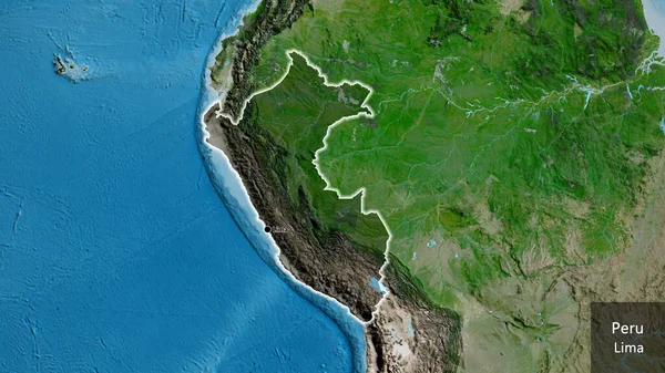 Närbild Perus Gränsområde Med Mörk Överlagring Satellitkarta Huvudpunkt Glow Runt — Stockfoto