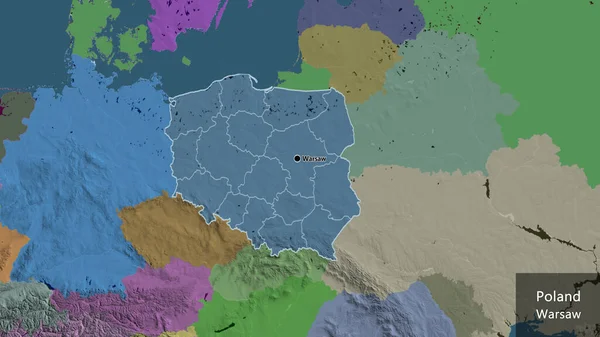 Close-up of the Poland border area and its regional borders on a administrative map. Capital point. Outline around the country shape. English name of the country and its capital