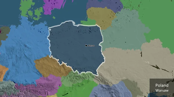 Close-up of the Poland border area highlighting with a dark overlay on a administrative map. Capital point. Glow around the country shape. English name of the country and its capital