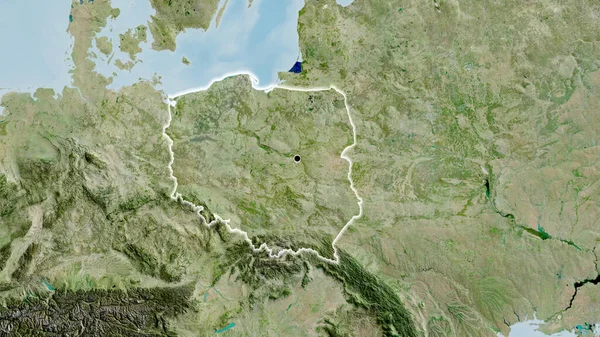Närbild Polens Gränsområde Satellitkarta Huvudpunkt Glow Runt Landet Form — Stockfoto