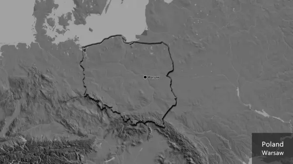 Close-up of the Poland border area on a bilevel map. Capital point. Bevelled edges of the country shape. English name of the country and its capital