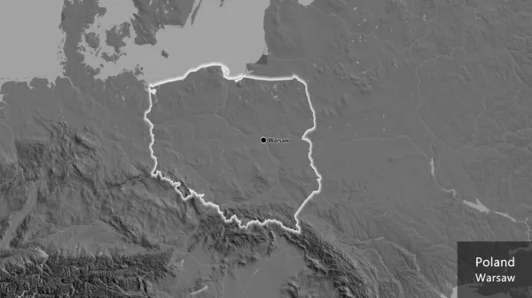 Close-up of the Poland border area on a bilevel map. Capital point. Glow around the country shape. English name of the country and its capital