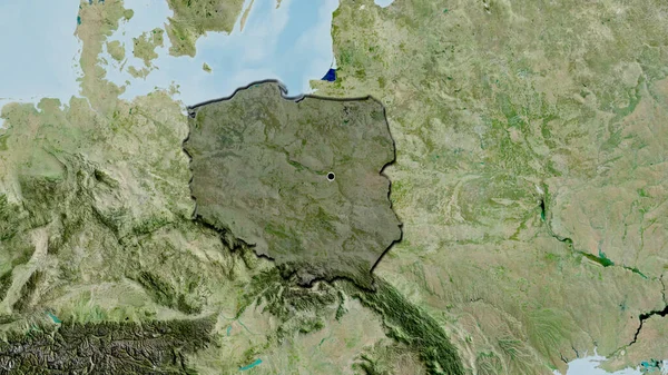 Close-up of the Poland border area highlighting with a dark overlay on a satellite map. Capital point. Bevelled edges of the country shape.