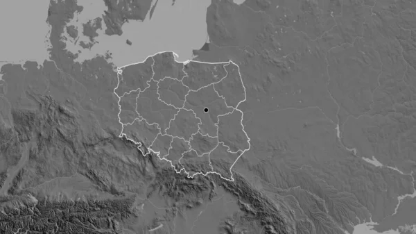 Close-up of the Poland border area and its regional borders on a bilevel map. Capital point. Outline around the country shape.