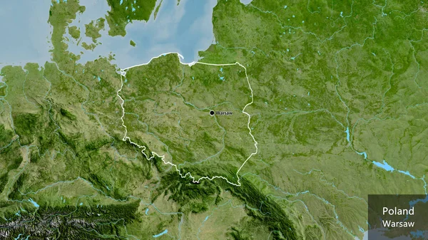 Närbild Polens Gränsområde Satellitkarta Huvudpunkt Runt Landet Landets Engelska Namn — Stockfoto