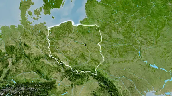 Närbild Polens Gränsområde Satellitkarta Huvudpunkt Glow Runt Landet Form — Stockfoto