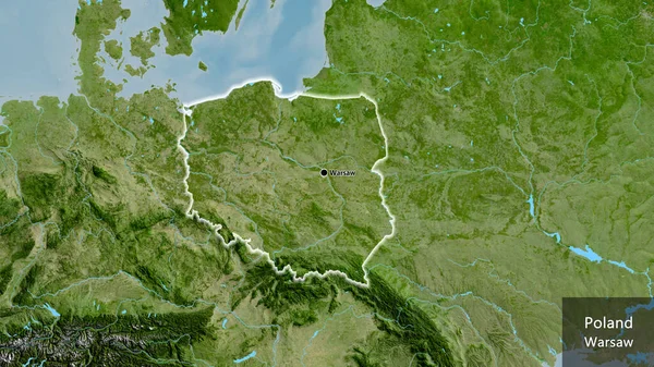 Close-up of the Poland border area on a satellite map. Capital point. Glow around the country shape. English name of the country and its capital