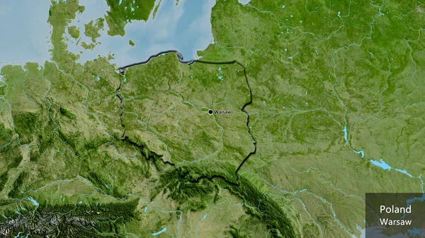 Close-up of the Poland border area on a satellite map. Capital point. Bevelled edges of the country shape. English name of the country and its capital
