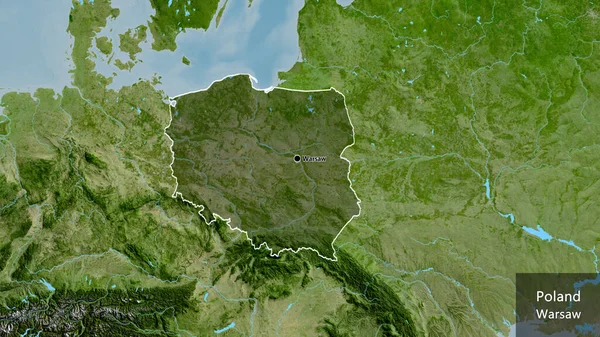 波兰边境地区的特写镜头 用卫星地图上的黑暗覆盖突出显示 资本点 概略地描述一下国家的面貌 国家及其首都的英文名称 — 图库照片