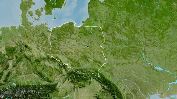 Close-up of the Poland border area on a satellite map. Capital point. Outline around the country shape.