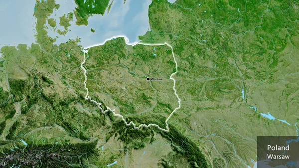 Närbild Polens Gränsområde Satellitkarta Huvudpunkt Glow Runt Landet Form Landets — Stockfoto