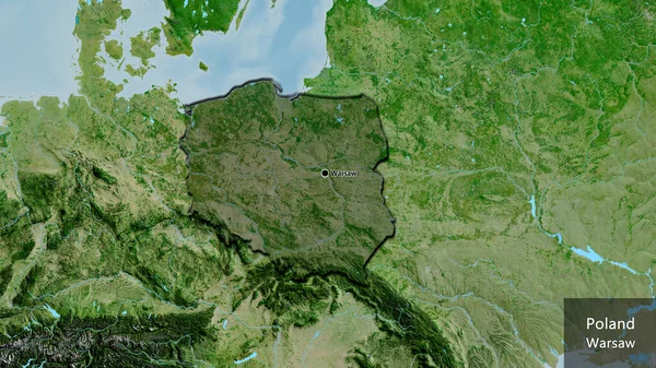 Close-up of the Poland border area highlighting with a dark overlay on a satellite map. Capital point. Bevelled edges of the country shape. English name of the country and its capital