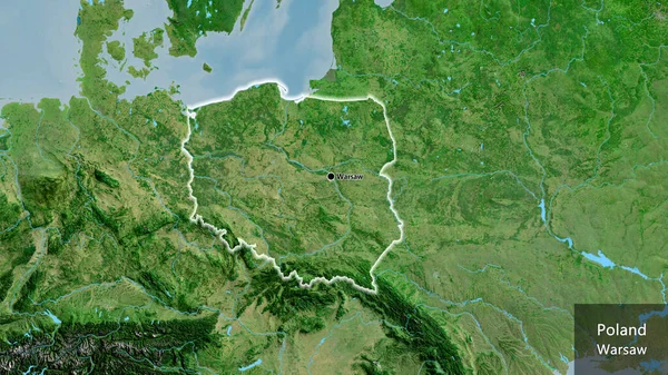 Närbild Polens Gränsområde Satellitkarta Huvudpunkt Glow Runt Landet Form Landets — Stockfoto