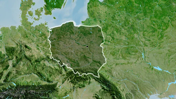 Close-up of the Poland border area highlighting with a dark overlay on a satellite map. Capital point. Glow around the country shape.