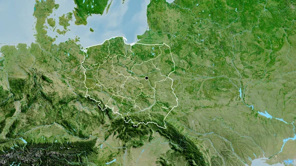 Close-up of the Poland border area and its regional borders on a satellite map. Capital point. Outline around the country shape.