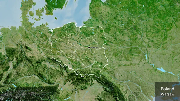在卫星地图上对波兰边境地区及其区域边界进行了密切监视 资本点 概略地描述一下国家的面貌 国家及其首都的英文名称 — 图库照片