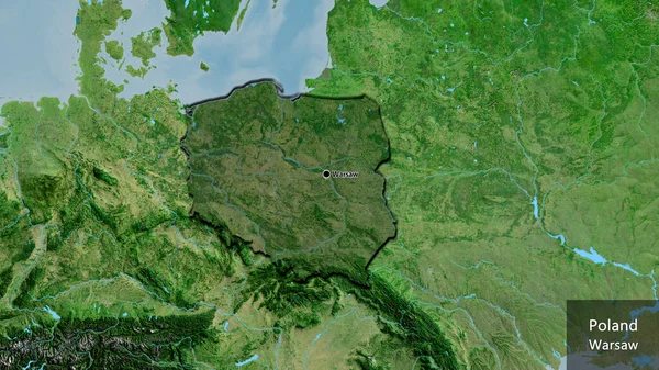 波兰边境地区的特写镜头 用卫星地图上的黑暗覆盖突出显示 资本点 这个国家的边缘呈斜角状 国家及其首都的英文名称 — 图库照片