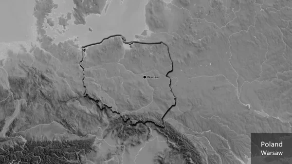 Close-up of the Poland border area on a grayscale map. Capital point. Bevelled edges of the country shape. English name of the country and its capital