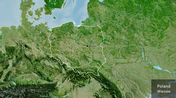 Close-up of the Poland border area on a satellite map. Capital point. Outline around the country shape. English name of the country and its capital
