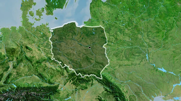 衛星地図上の暗いオーバーレイで強調ポーランド国境地域のクローズアップ 資本ポイント 全国に光る — ストック写真