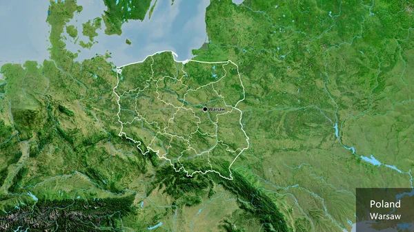 在卫星地图上对波兰边境地区及其区域边界进行了密切监视 资本点 概略地描述一下国家的面貌 国家及其首都的英文名称 — 图库照片