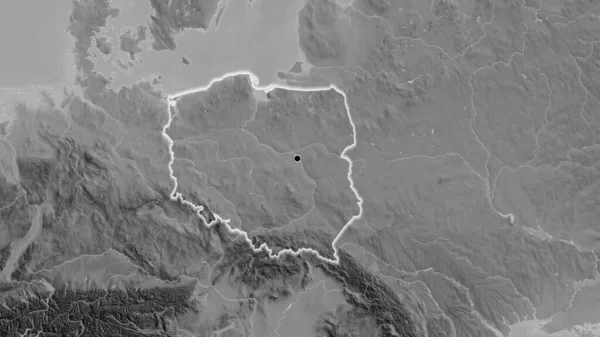 Close-up of the Poland border area on a grayscale map. Capital point. Glow around the country shape.