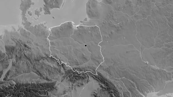 Close-up of the Poland border area on a grayscale map. Capital point. Outline around the country shape.