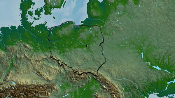 Close Poland Border Area Physical Map Capital Point Bevelled Edges — Stock Photo, Image