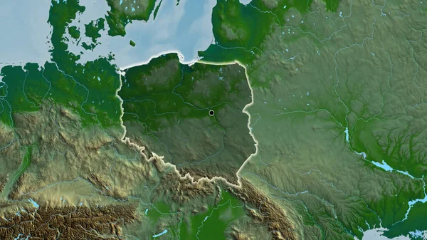 Close-up of the Poland border area highlighting with a dark overlay on a physical map. Capital point. Glow around the country shape.