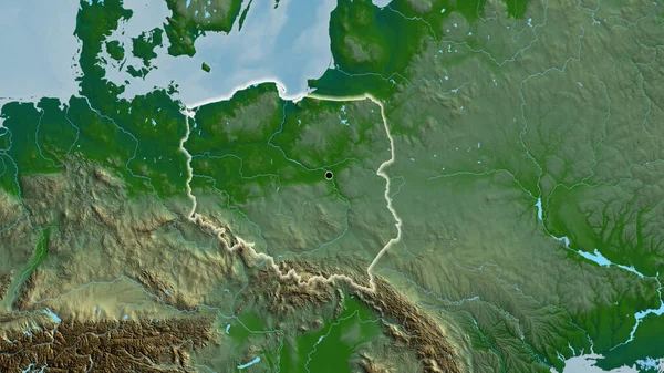 Close-up of the Poland border area on a physical map. Capital point. Glow around the country shape.