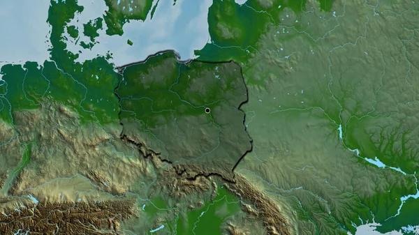 Close-up of the Poland border area highlighting with a dark overlay on a physical map. Capital point. Bevelled edges of the country shape.