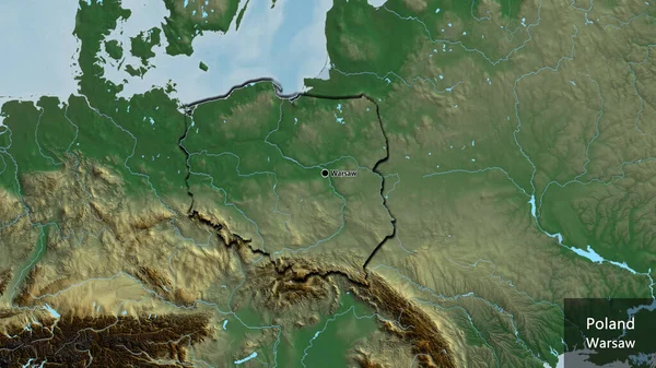 Close-up of the Poland border area on a relief map. Capital point. Bevelled edges of the country shape. English name of the country and its capital